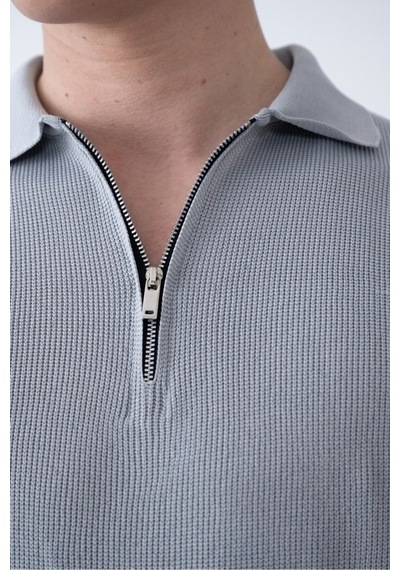 Baselco Triko Polo Yakalı T-shirt - Premium Ribana Detaylı Gri