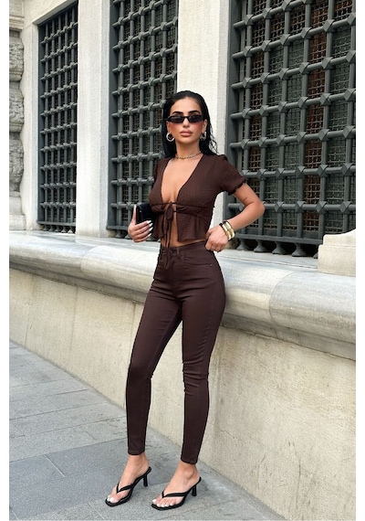 HLT Jeans Kadın Kahverengi Süper Skinny Fit Esnek Likralı Yüksek Bel Jean Kot Pantolon Jennie-2006