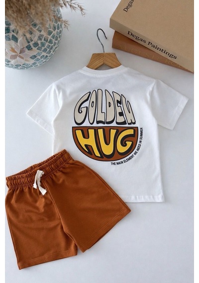 Monila Erkek Çocuk Pamuklu Ekru Baskılı T-shirt Ve Tarçın Şort Takım Ekru/tarçın