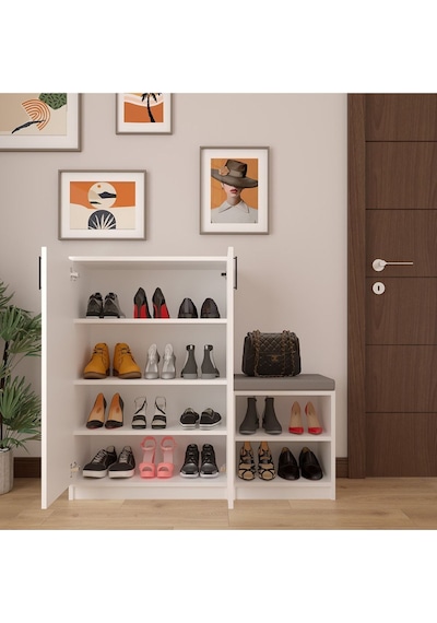 Asra Trend Puflu Ayakkabılık A-21 %100 MDF Minderli Geniş Portmanto Beyaz