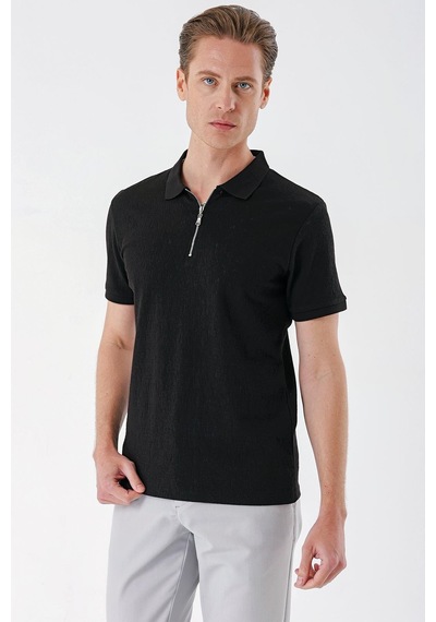 Efor Slim Fit Fermuarlı Polo Yaka %100 Pamuk Siyah Tişört Ts 877 Siyah