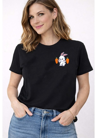 Herkesemoda Tavşan Baskı Detaylı Bisiklet Yaka Pamuklu Basic T-shirt Siyah