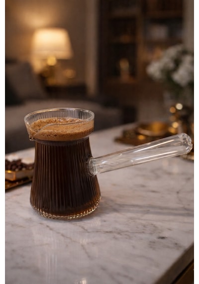 Isıya Dayanıklı Cam Cezve Çizgili 400 Ml, 10 Cm Yükseklik, Cam Türk Kahvesi Cezvesi