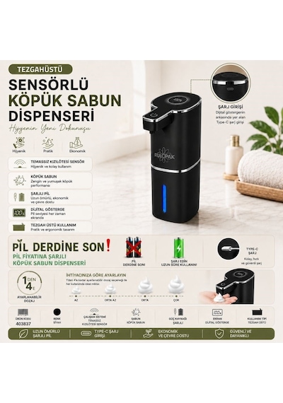 403837 Sensörlü Tezgahüstü Köpük Sabun Dispenseri Siyah