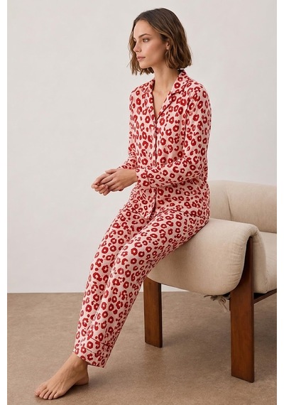 Fit Women Kadın Gömlek Yakalı Uzun Kollu Kırmızı Pijama Seti