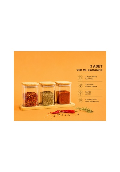 3'lü 250 Ml Bambu Kapaklı Borosilikat Cam Baharatlık Bambu Altlıklı Diğer