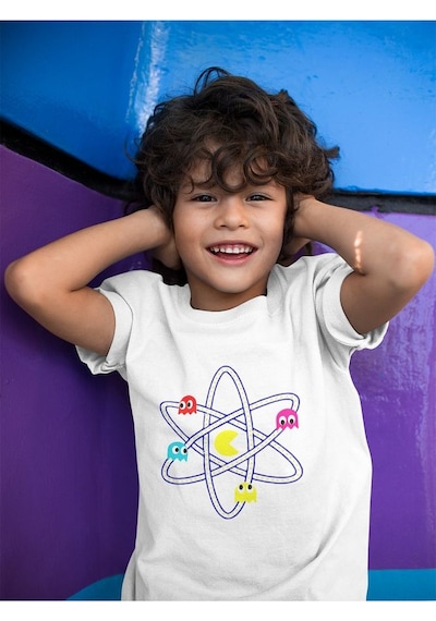 Sevbano Tasarım Pacman Baskılı Unisex Oyun Çocuk Tişört 1-12 Yaş Beyaz