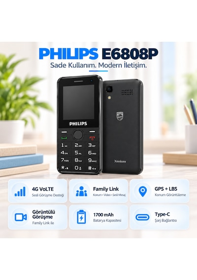Philips E6808P 4G VoLTE Tuşlu Cep Telefonu 2.4” Ekran 1700mAh Batarya Görüntülü Arama Family Link Asker-Yaşlı-Öğrenci Siyah