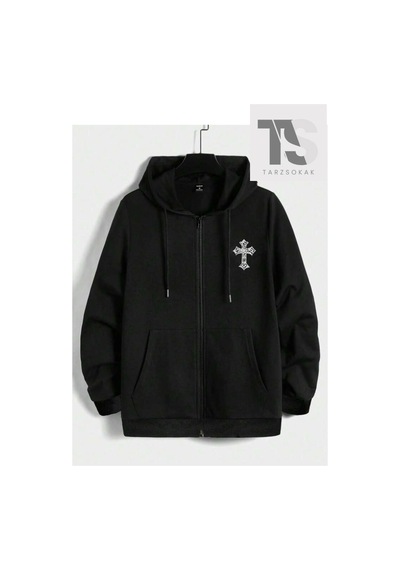 Tarzsokak Haç Sembol Sweatshirt Fermuarlı Hırka Siyah