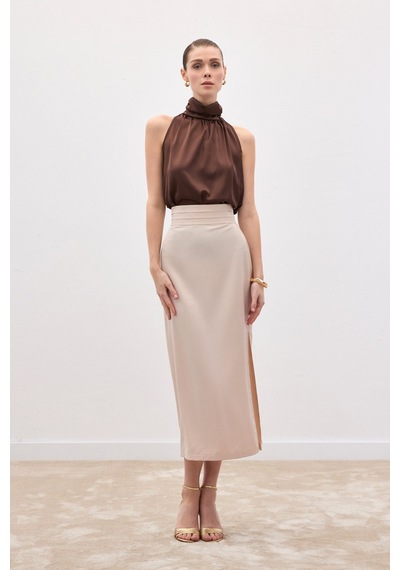 Sateen Bel Pile Detaylı Saten Etek - Bej-136549 Bej