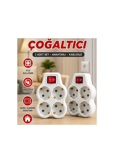 2 Li Set 4 Lü Anahtarlı Kablosuz Duvar Tipi Priz Çoğaltıcı Diğer