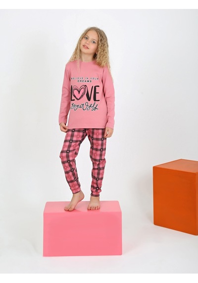 Kız Çocuk Uzun Kollu %100 Pamuklu Düğmeli Pijama Takımı Your Dreams Gül