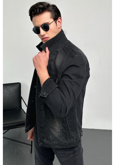 HLT Jeans Erkek Antrasit Jean Denim Standart Kalıp %100 Pamuk Cepli Düğmeli Kot Ceket 001