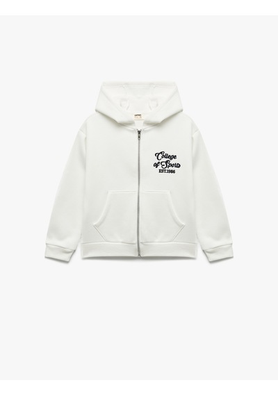 Koton Cepli Uzun Kollu Baskılı Oversize Kapşonlu Fermuarlı Sweatshirt Ekru 7wkg10018ak