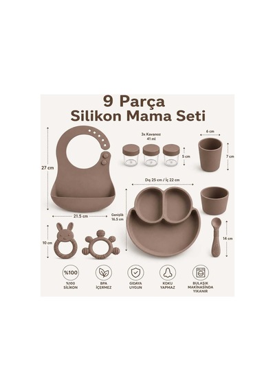 9 Parça Mama Seti %100 Silikon Bpa İçermez Ek Gıdaya Uygun Kahverengi