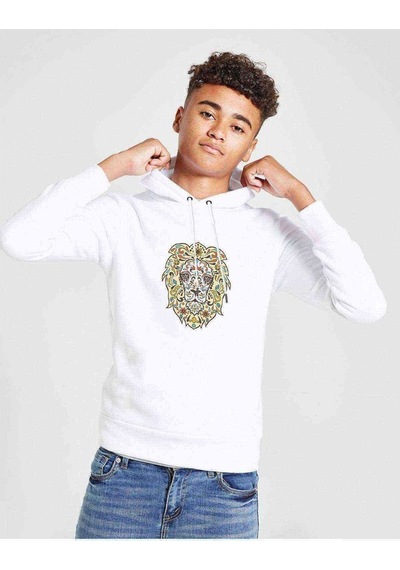 Tshirthane Lion Floral Baskılı Unisex Çocuk Kapüşonlu Beyaz Sweatshirt