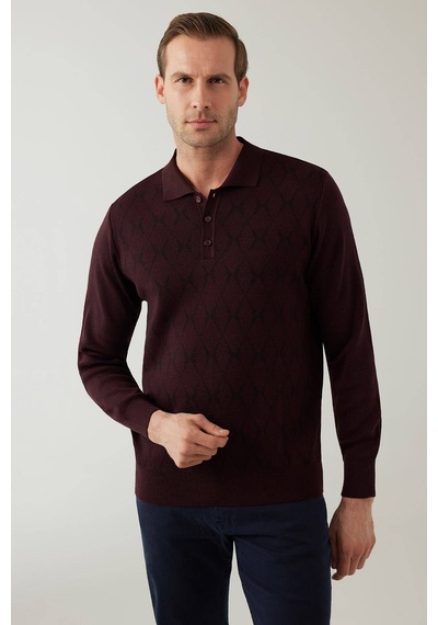 Erkek Koyu Bordo Regular Fit Desenli Yünlü Polo Yaka Triko