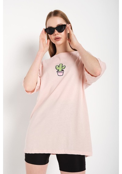 Flood Of Style Kadın Pembe Cactus Logo Baskılı Oversize T-shirt