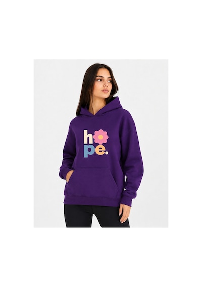 Herkesemoda Hope Çiçek Baskılı Kapüşonlu 2 İplik Şardonlu Sweatshirt Mor