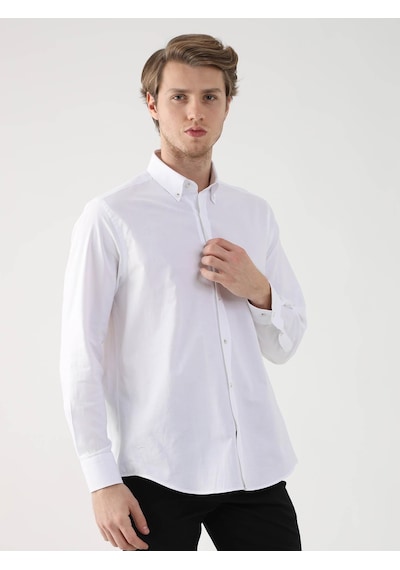 Dufy Beyaz Erkek Regular Fit Brent Düğmeli Yaka Uzun Kol Gömlek - 94827 Beyaz