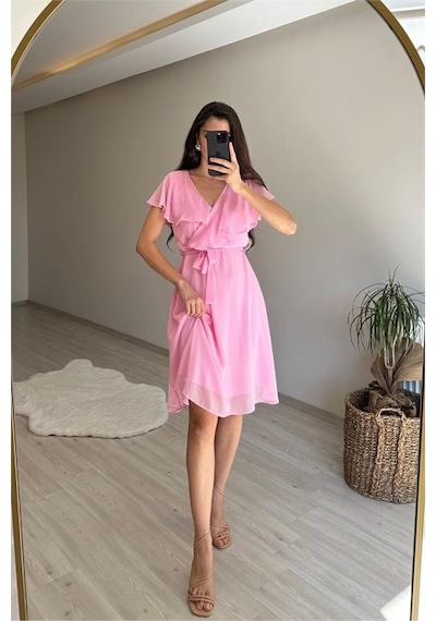Neşeli Butik Kadın V Yaka Kuşaklı Mini Şifon Elbise Nm007 Pudra