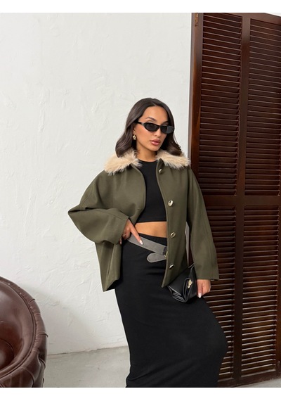 Verymoda Peluş Yakalı Dügmeli Kaşe Mont F2048 Haki