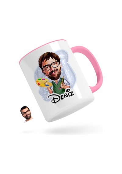 Kişiye Özel Erkek Ressam Karikatürlü Pembe Kupa Bardak-1