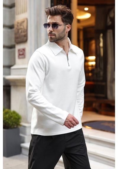 Madmext Ekru Yarım Fermuarlı Polo Yaka Dokulu Erkek Sweatshırt E7197