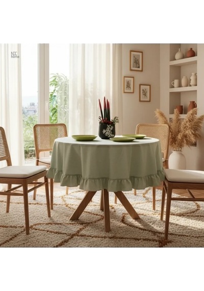 Premium Keten Adaçayı Yeşil Fırfırlı Yuvarlak Masa Örtüsü Adaçayı Yeşili