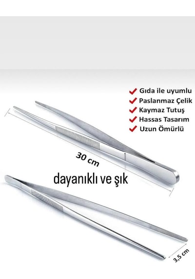 Cımbız Maşa Pişirme Cımbızı Çelik Maşa 30cm Profesyonel Şef Cımbızı Paslanmaz Çelik Gri