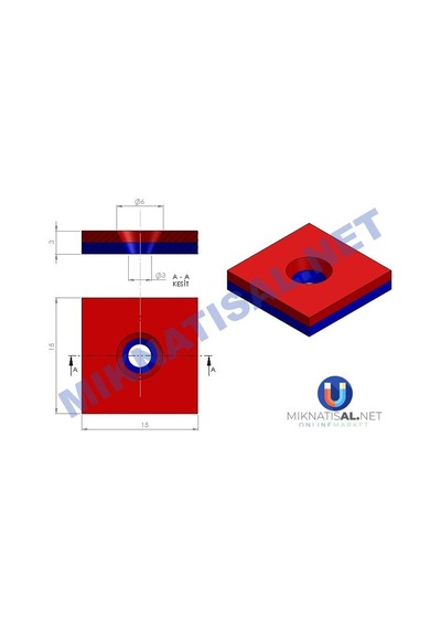 15X15X3Mm (6X3Mm) Havşalı Kare Güçlü Neodyum Mıknatıs 20 Adet