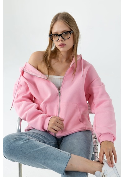 Giysa Kadın Kapüşonlu Fermuarlı Şardonlu 3ip Sweatshirt Pembe - 9015 - 264401 Pembe