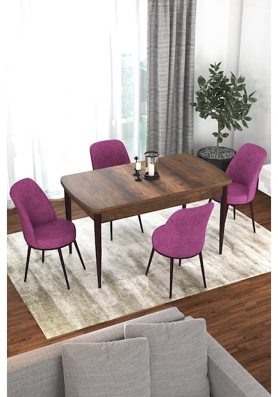 Canisa Concept Kor Serisi 70x114 Açılabilir Mutfak Masası Takımı Barok Desen Masa 4 Mor Sandalye Masa Barok Sandalyeler Mor