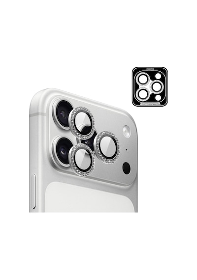 Apple iPhone Uyumlu 17 Pro / Apple iPhone Uyumlu 17 Pro Max İçin Ipg Prolens Kamera Lens Koruyucu Elmas Taş Çerçeveli, Kırılmaz Cam Gümüş