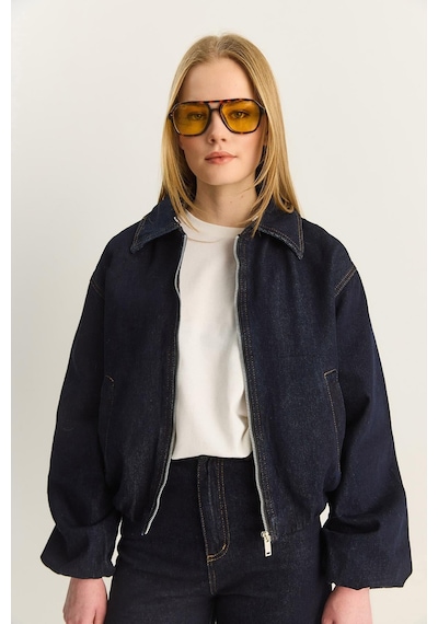 Shade Kadın Seyyar Suni Kürk Yaka Astarlı Cep Detaylı Denim Bomber Ceket Pantolon Takım 6058 60283898 - Lacivert