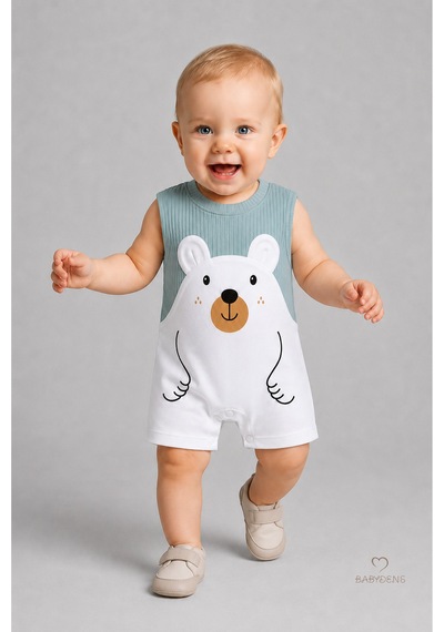 Babyden's Erkek Bebek Yazlık Ayıcık Baskılı Fitilli Tulum %100 Pamuk Kolsuz Şort Tulum Yenidoğan Bebek Romper 0-9 Ay Haki