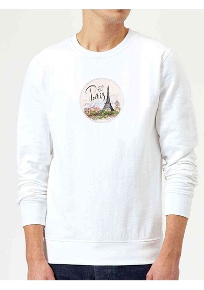 Eiffel Tower Paris Illustration Baskılı Beyaz Erkek Örme Sweat (528393413)
