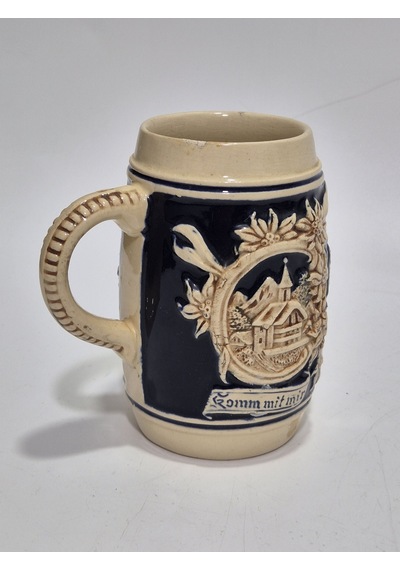 Vintage Tankart Dağ Evi Ve Çiçek Temalı Alman Seramik Bira Bardağı 11,8cm 006