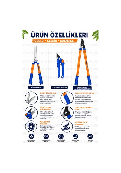 3'lü Profesyonel Bahçe Budama Seti Çit Makası El Budama Makası Uzun Saplı Dal Budama Makası Ergonomi