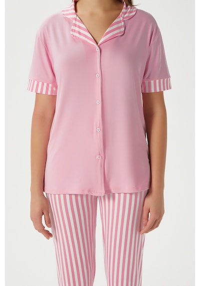 Ritnice Kadın Elena Yumuşak Doku Pembe Çizgili Ön Düğme Kısa Kollu Pijama Takımı
