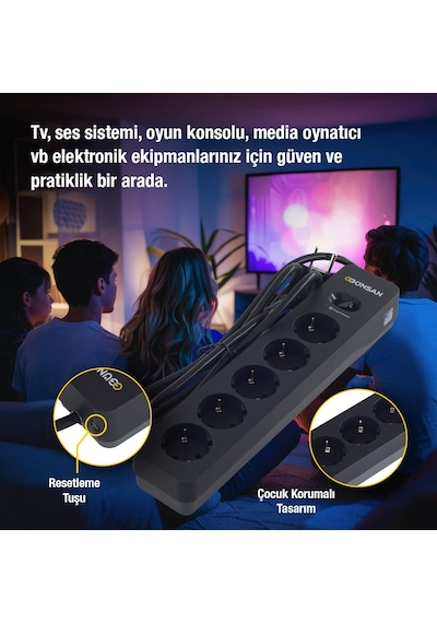 Günsan Siyah 5'li Akım Korumalı Çocuk Korumalı Grup Priz 1.5m 700 Joule 16ka Çocuk Korumalı 1 - 3 M