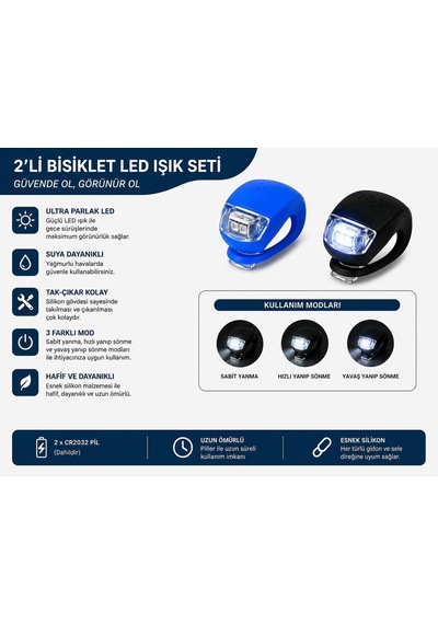 Orret Home 2 Adet Bisiklet Işığı Seti Led Flaşör Ön Arka Bisiklet Lambası, Usb'siz Pilli Işık, Su Geçirme Çok Renkli