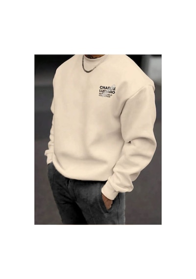Herkesemoda Charlie Baskı Detaylı Bisiklet Yaka Sweatshirt Bej Bej