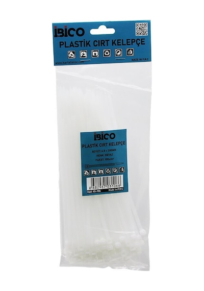 İbico İ13-106 Cırt Kelepçe Kablo Bağı - Beyaz, 4.8x200 Mm, 100 Adet- 10'li Paket