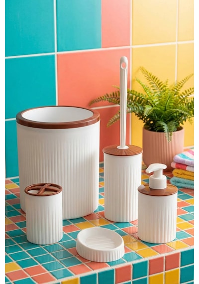 Makri Home 5 Parça Şık Beyaz Banyo Seti, Hacim: 6 Litre Beyaz