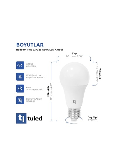 Redeem Plus A60a E27 Led Ampul, Titreşimsiz, Göz Konforu, 863 Lümen, Beyazı, 5000 Kelvin Standart