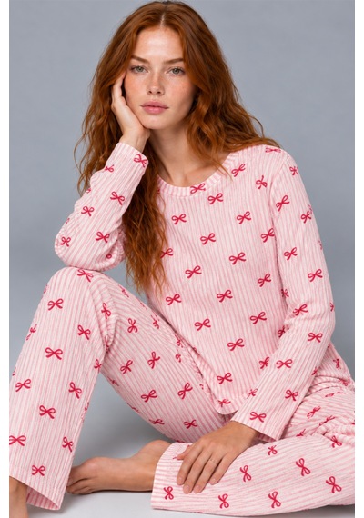 Kadın Çizgili Rahat Kalıp İkili Açık Pembe Pijama Takımı 4805