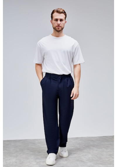HLT Jeans Erkek Lacivert Çift Pileli Rahat Kesim Beli Lastikli Bol Paça Baggy Pantolon Albert-1989 Lacivert