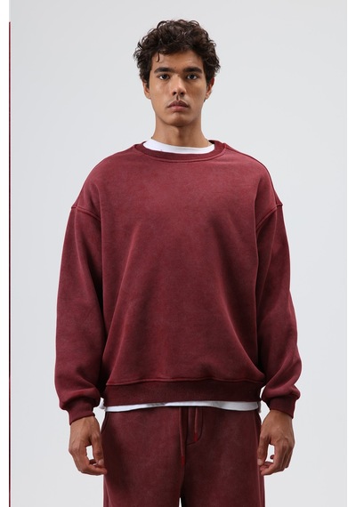 Vamos Basic Oversize Yıkamalı Sweatshirt Bordo