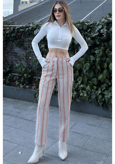 WeShaya Kadın Kiremit & Ekru Çizgili, Yüksel Bel, Klasik Kesim, Boru Paça Pantolon Kiremit WeShaya Kadın Kiremit & Ekru Çizgili, Yüksel Bel, Klasik Kesim, Boru Paça Pantolon Kiremit